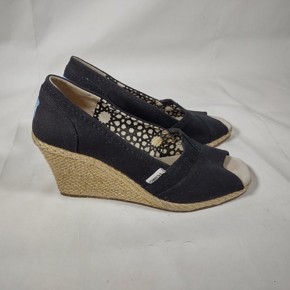 Toms Black Espadrille Wedge Heels Shoes Women's Size 8 Slip On Peep Toe - Picture 3 of 8
